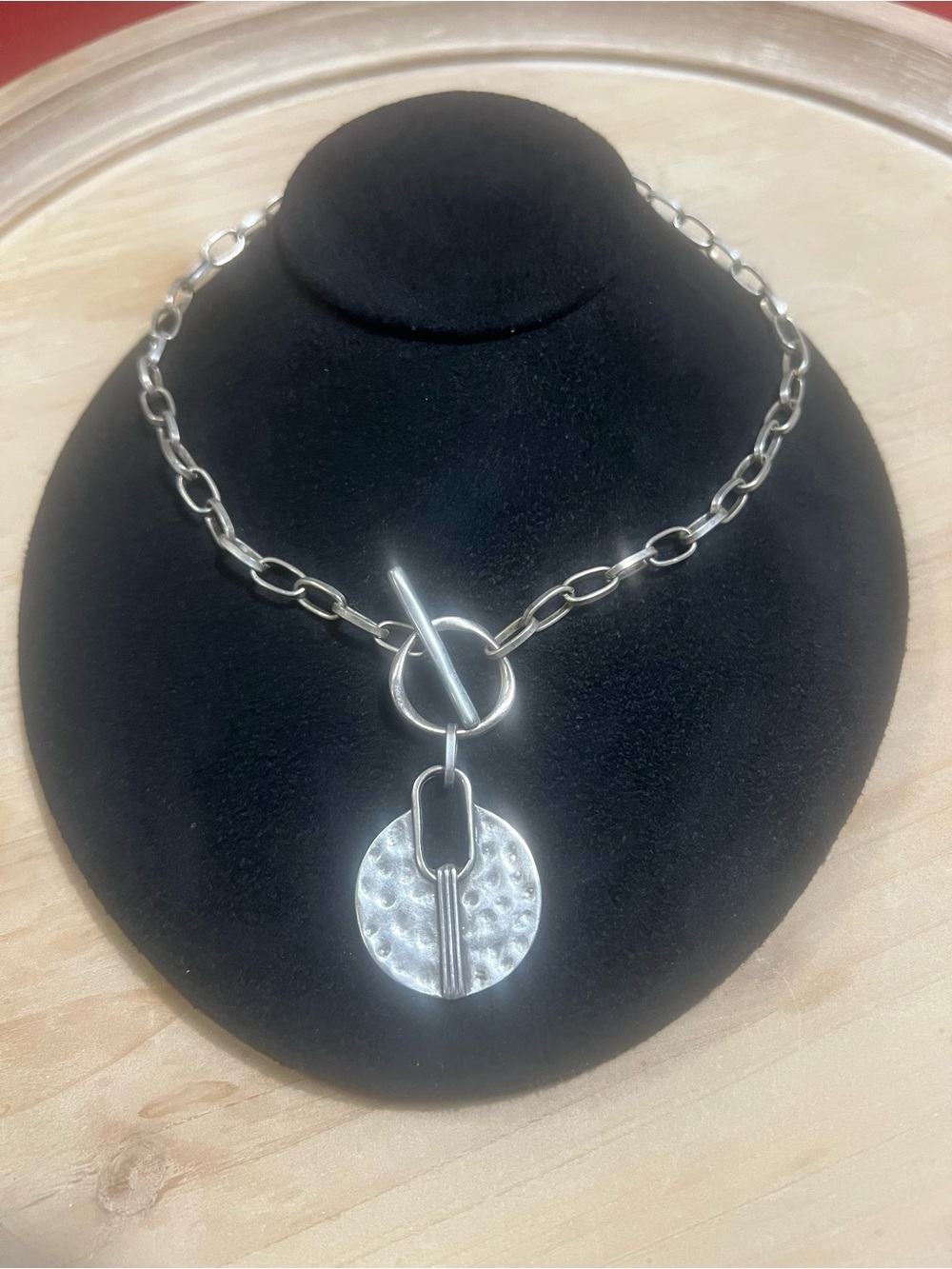 Hammered Disc Toggle Necklace in Silver - Women Jewelry